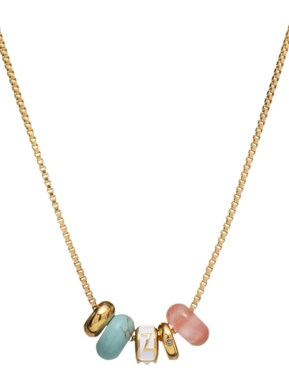 Gold Initial Z on Box-Chain Necklace w Pink & Light Blue Beads NEW MAYAMAR